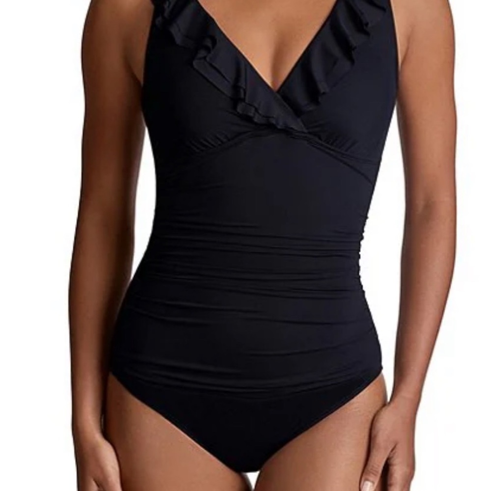 Ralph Lauren black ruffle neck One-Piece Swimsuit 12 - Picture 2 of 3